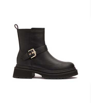 London Rebel Black Faux Leather Buckle Trim Ankle Boots