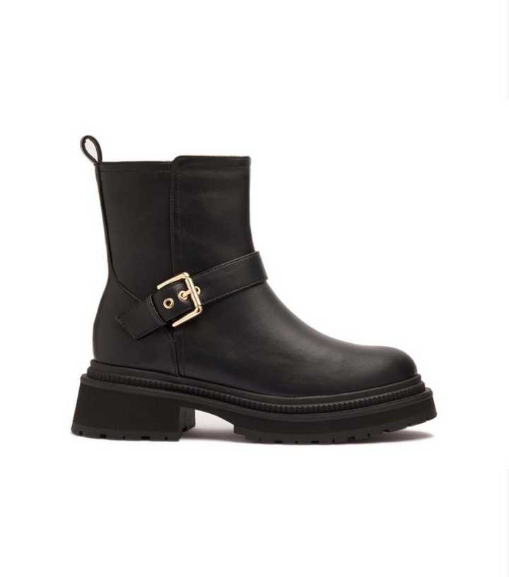 London Rebel Black Faux Leather Buckle Trim Ankle Boots