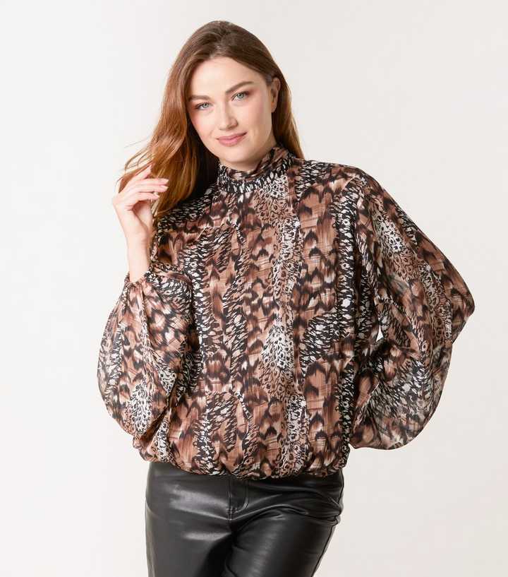 Blue Vanilla Brown Animal Print Bubble Hem Blouse