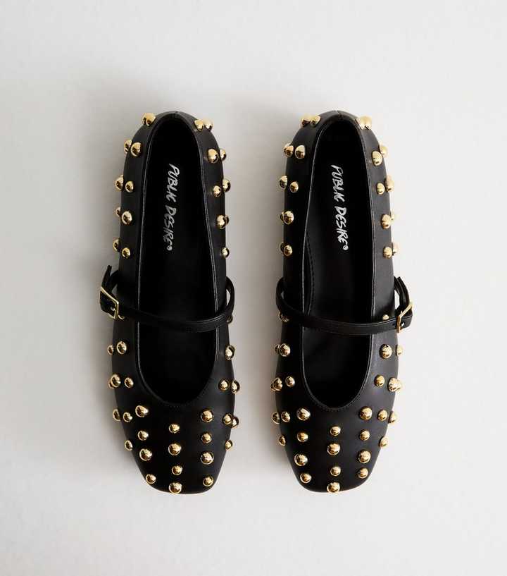 Public Desire Black Elsie Faux Leather Studded Mary Jane Flats