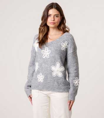 Blue Vanilla Grey V-Neck Floral Pearl Embellished Jumper