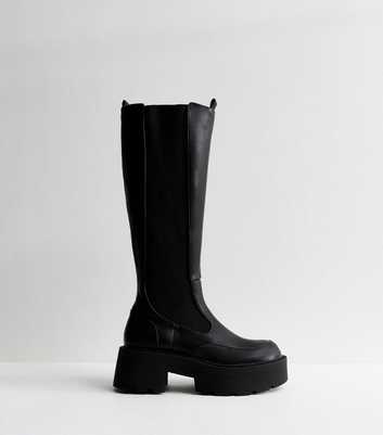 Public Desire Black Evergreen Faux Leather Platform Knee High Boots