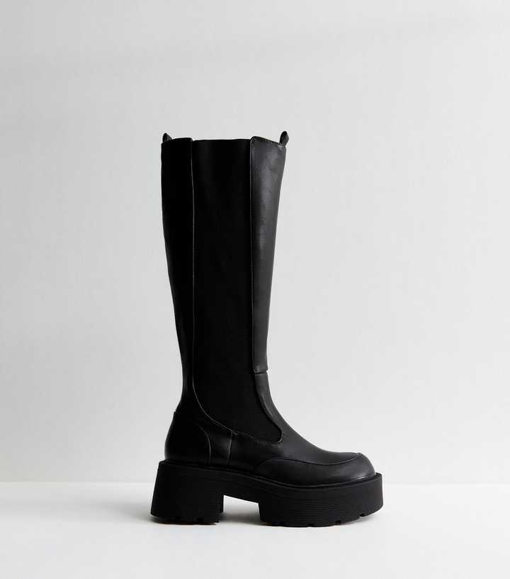 Public Desire Black Evergreen Faux Leather Platform Knee High Boots