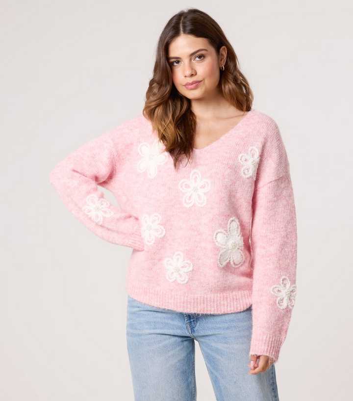 Blue Vanilla Pink V-Neck Floral Pearl Embellished Jumper