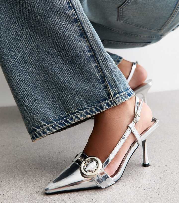 Public Desire Silver Inturrupted Faux Leather Slingback Heels