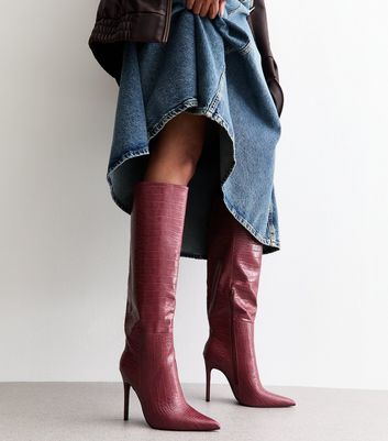 Public Desire Dark Burgundy Nova Crocodile Embossed Knee High