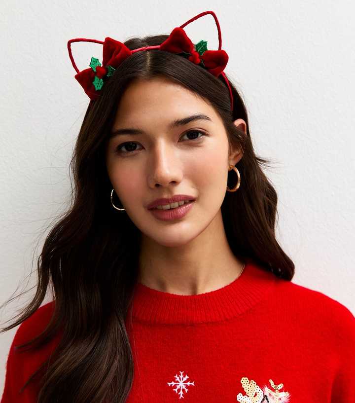 Bright Red Christmas Bow Holly Cat Ears Headband New Look