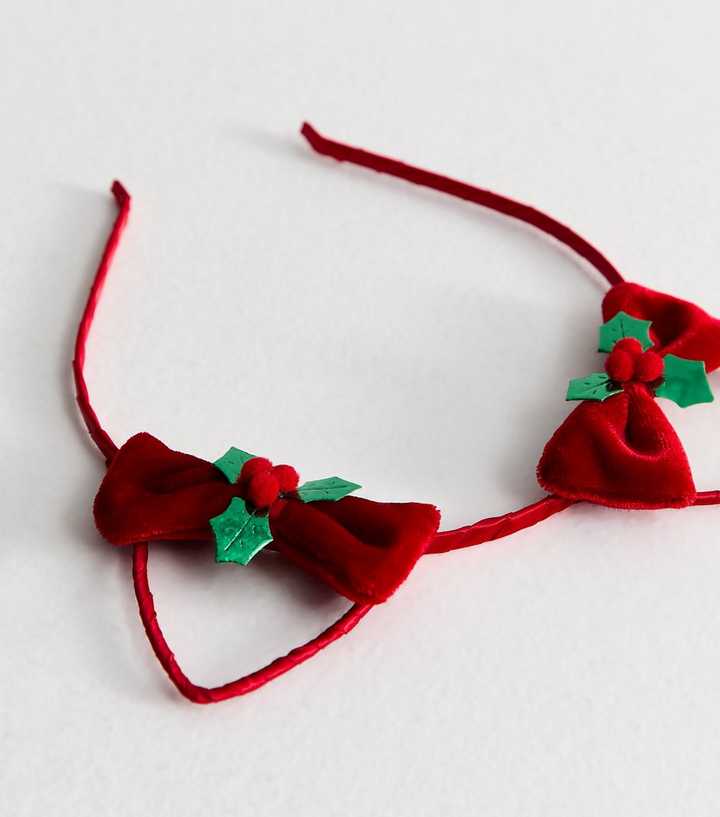 Bright Red Christmas Bow Holly Cat Ears Headband | New Look display picture 1
