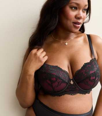Curves Black Floral Lace Contrast Trim Bra