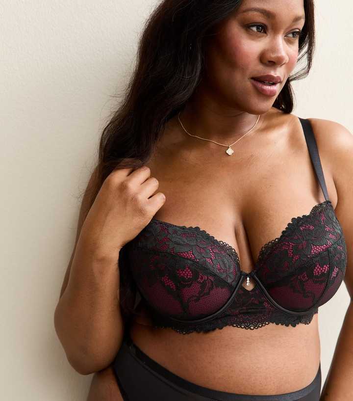 Curves Black Floral Lace Contrast Trim Bra
