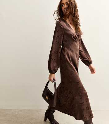 Dark Brown Floral Jacquard Midi Dress