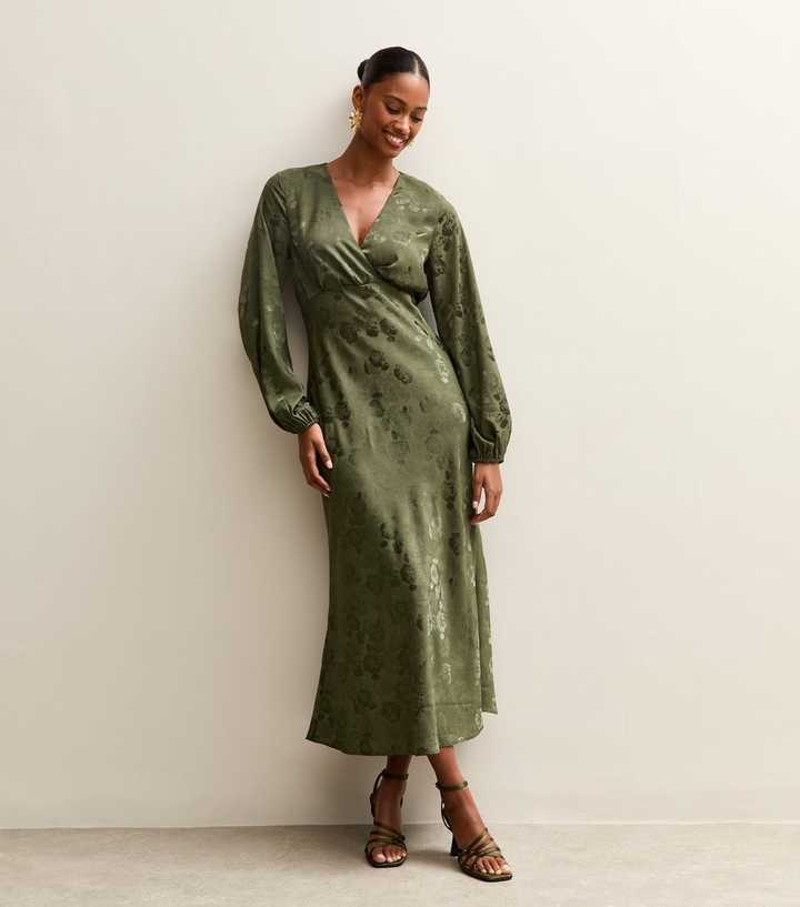 Dark Green Floral Jacquard Midi Dress
