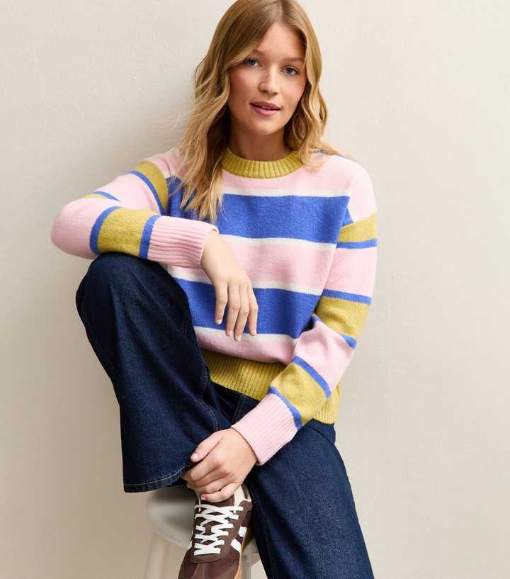 Pink and Blue Striped Crew Neck Jumper