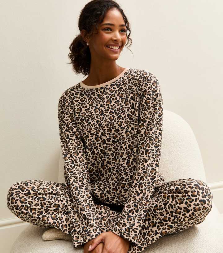 Brown Leopard Print Top and Trousers Pyjama Set