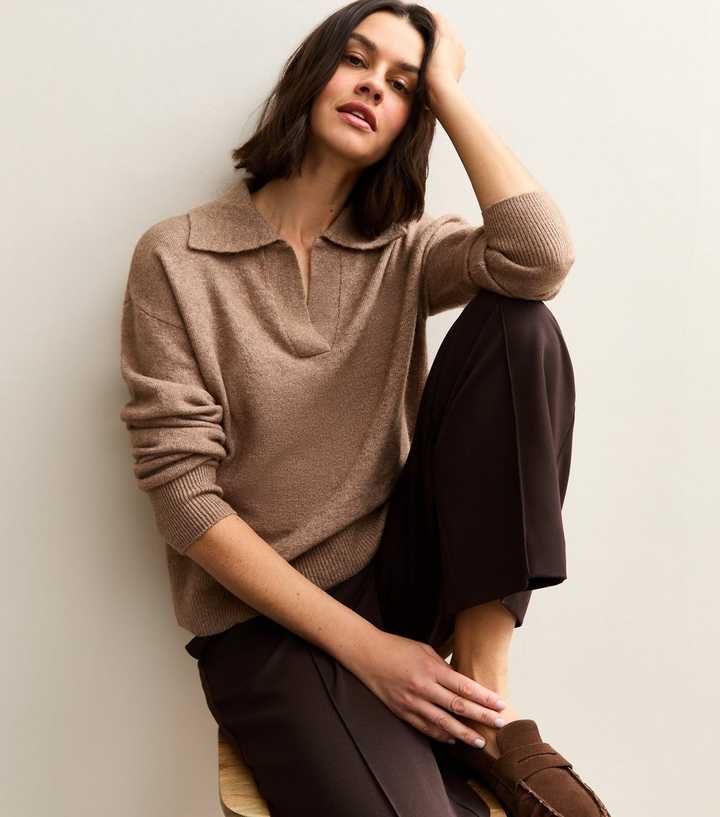 Camel Open Collar Polo Jumper
