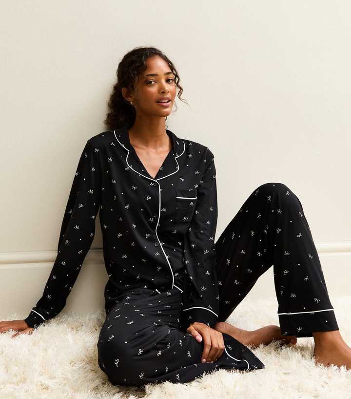 Black Bow Print Revere Collar Shirt and Trousers Pyjama Set