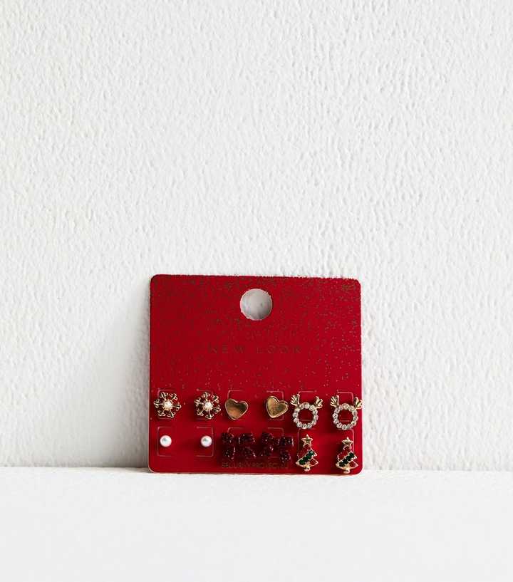 Gold Tone Pack of 6 Mixed Christmas Stud Earring