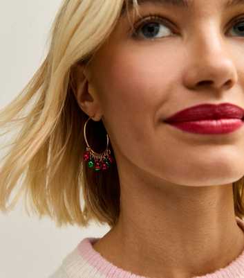 Gold Tone Red and Green Festive Bells Mini Hoop Earrings