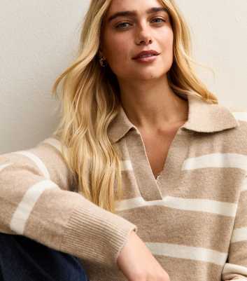 Brown Striped Open Collar Polo Jumper