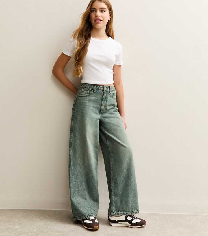 Girls Blue Distressed Wash Super Wide Leg Jeans