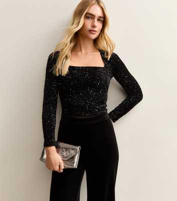Black Sequin Square Neck Bodysuit