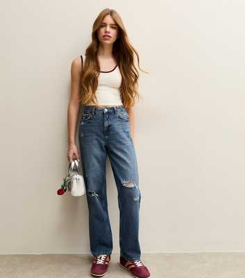 Girls Mid Blue Ripped Knee Wide Leg Jeans