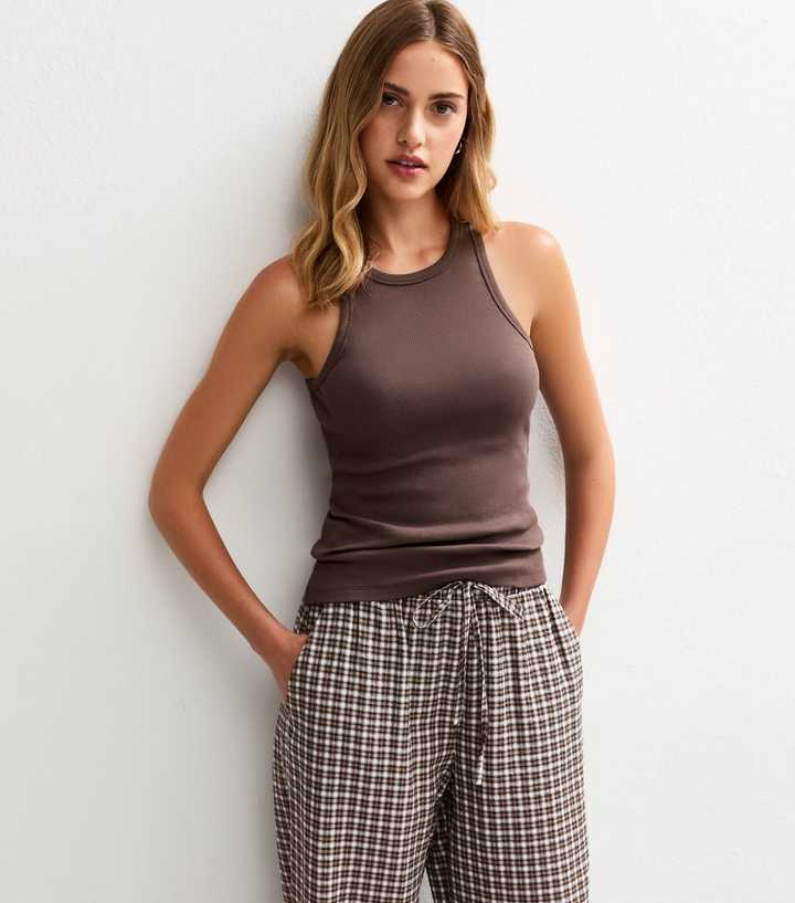 Dark Brown Ribbed Racer Back Vest Top