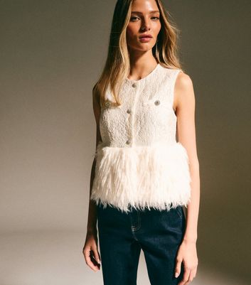 Cream Faux Fur Hem Sleeveless Waistcoat Top | New Look