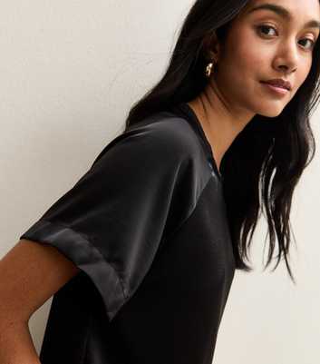 Black Satin Short Raglan Sleeve Top