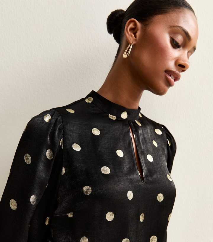 Black Foiled Polka Dot Keyhole Neck Blouse