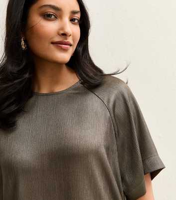 Grey Textured Satin Crew Neck Top