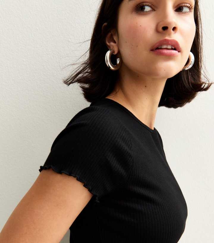 Black Ribbed Frilly Trim T-Shirt