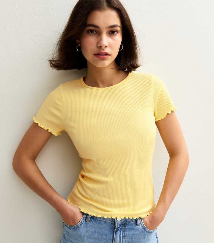 Yellow Ribbed Frilly Trim T-Shirt | New Look