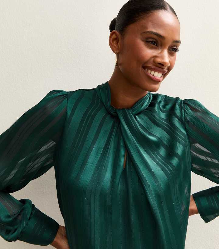Dark Green Metallic Stripe High Neck Blouse