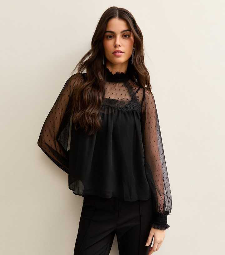 Black Dobby Mesh High Neck Blouse