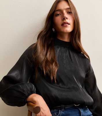 Black High Neck Bubble Hem Blouse