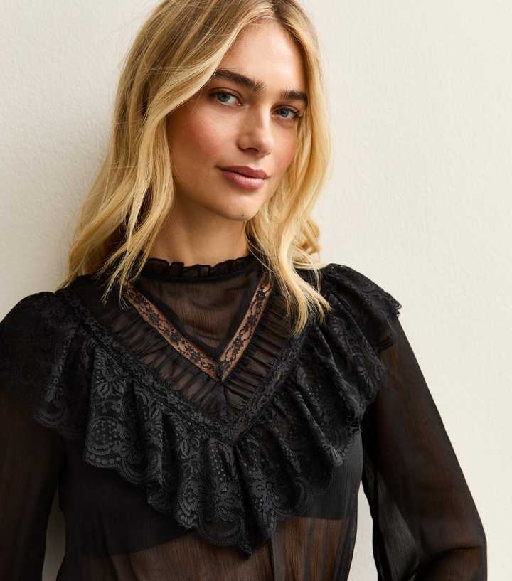 Black Lani Lace Insert Chiffon High Neck Blouse
