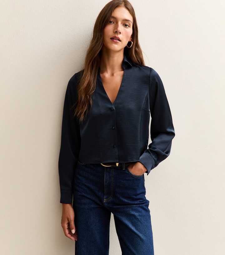 Navy Satin Crop Shirt