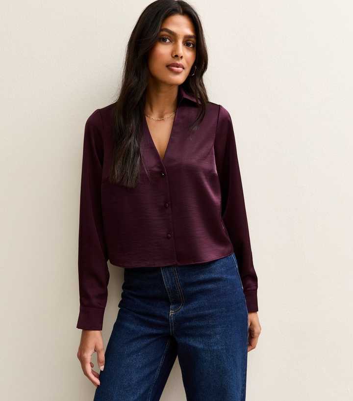 Burgundy Satin Crop Shirt