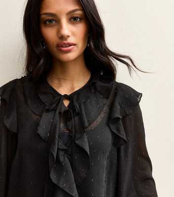 Black Metallic Spot Frilly Trimmed Blouse