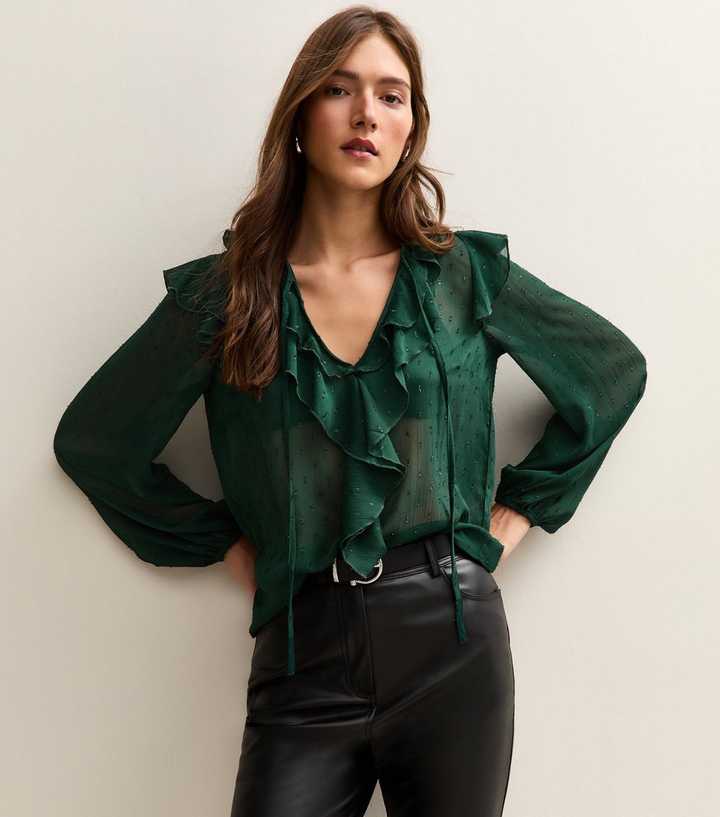 Dark Green Metallic Spot Frilly Trimmed Blouse