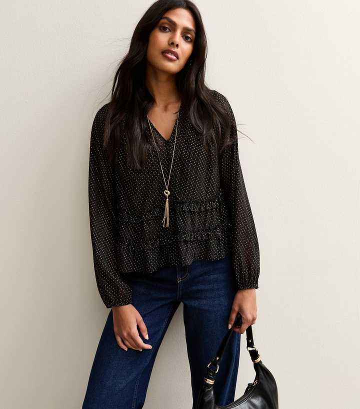 Black Gold Pattern Long Sleeve Blouse