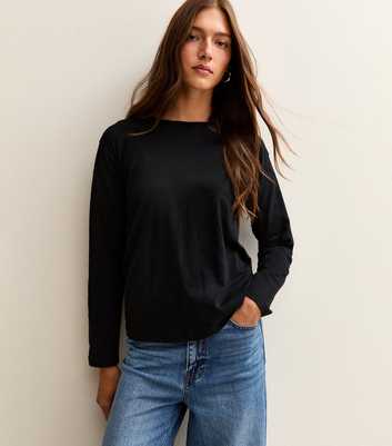 Black Relaxed Fit Slub Long Sleeve T-Shirt
