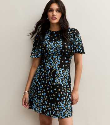 Black Rose Print Flutter Sleeve Mini Dress