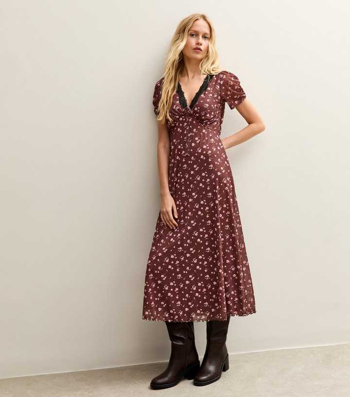 Brown Floral Print Lace Trimmed Midi Dress New Look