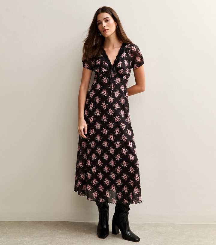 Black Floral Print Lace Trimmed Mesh Midi Dress