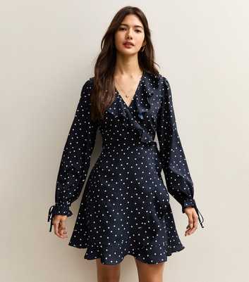 Blue Crepe Spot Ruffle Wrap Mini Dress