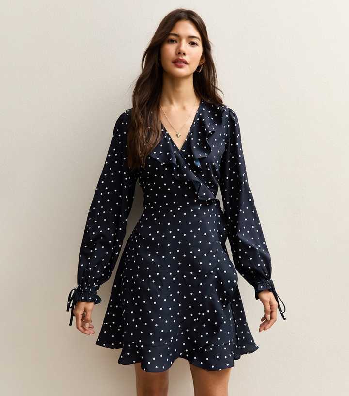 Blue Crepe Spot Ruffle Wrap Mini Dress