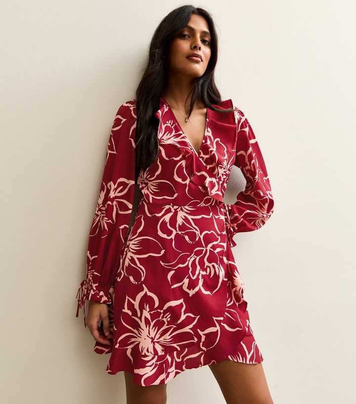 open lace back dress Red Floral Puff Sleeve Wrap Over Mini Dress – AX Paris main image 1