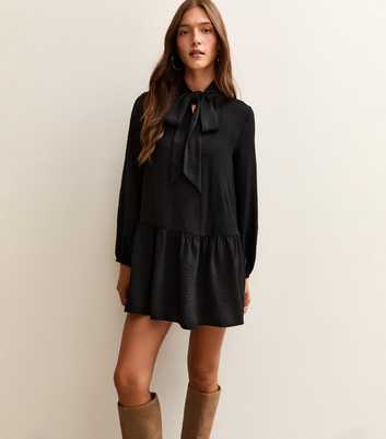 Black Tie Neck Smock Mini Dress